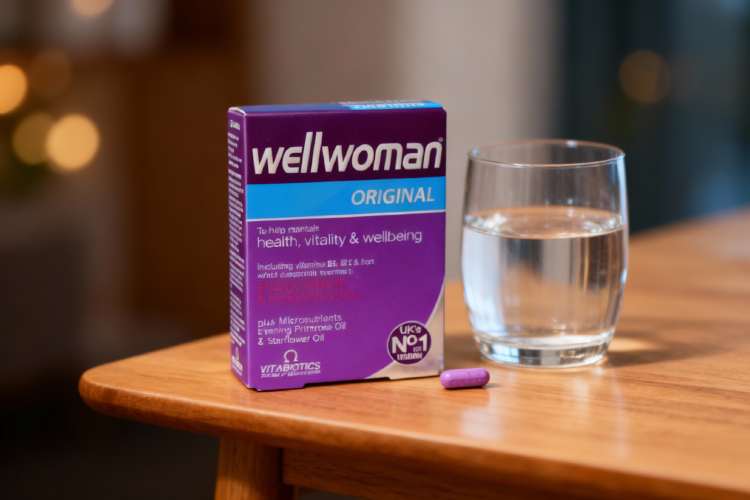 قرص ول وومن اورجینال کنار لیوان آب روی میز چوبی